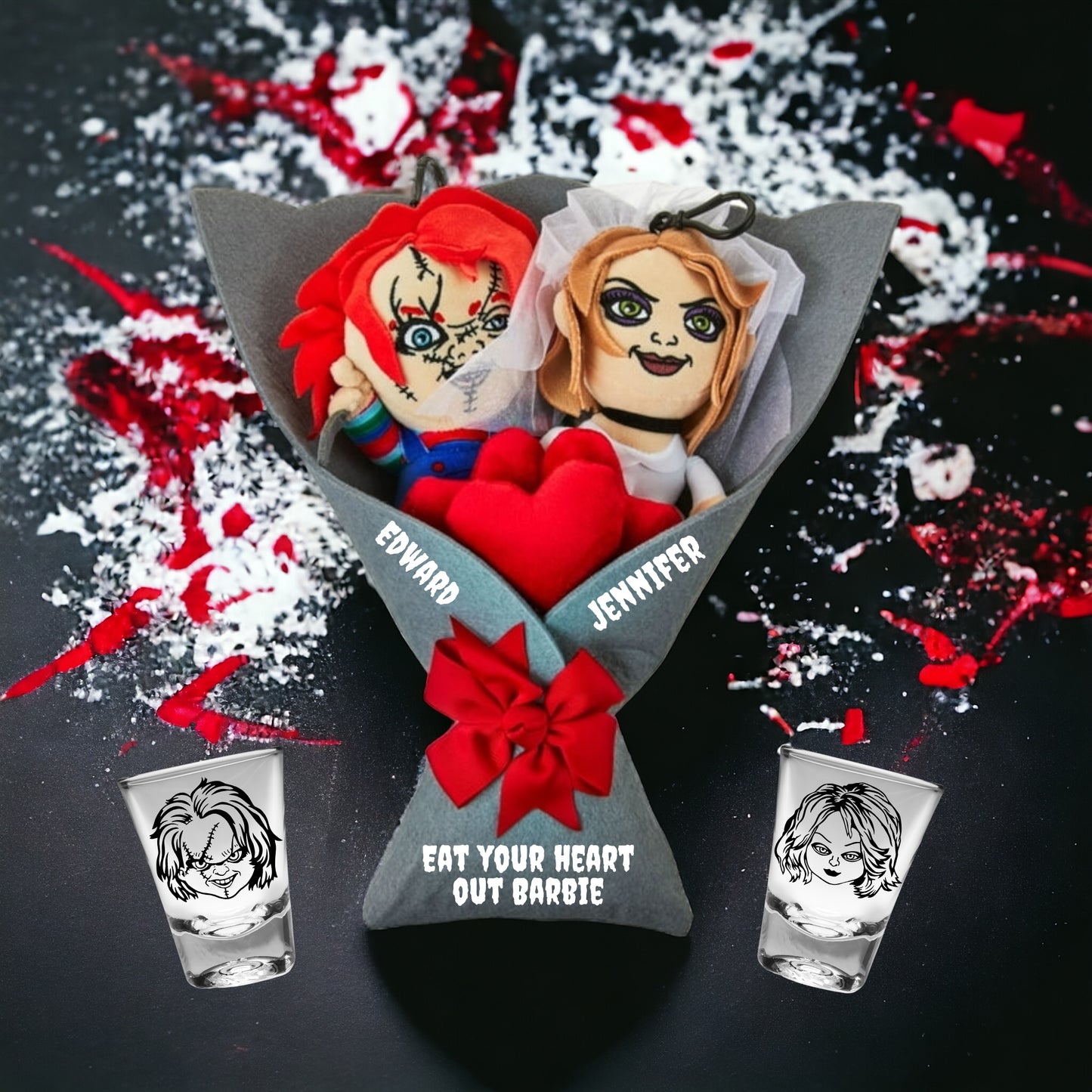 Custom Chucky & Tiff Bouquet, Bloody Valentine, Personalized Valentine Gifts, Custom Plush Bouquet, Horror Valentine Gifts, horror bouquet, plushie