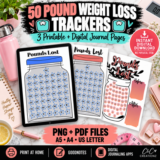 50 pound weight loss trackers printable and digital journal pages PNG PDF A5 A4 US Letter for Goodnotes and digital journaling