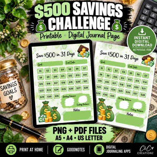 $500 savings challenge printable and digital money tracker PNG PDF A5 A4 US Letter for Goodnotes and digital journaling
