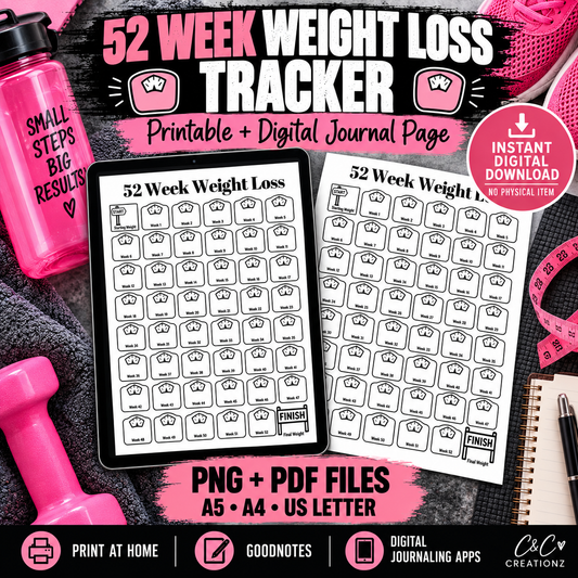 52 week weight loss tracker printable and digital journal page PNG PDF A5 A4 US Letter for Goodnotes and digital journaling