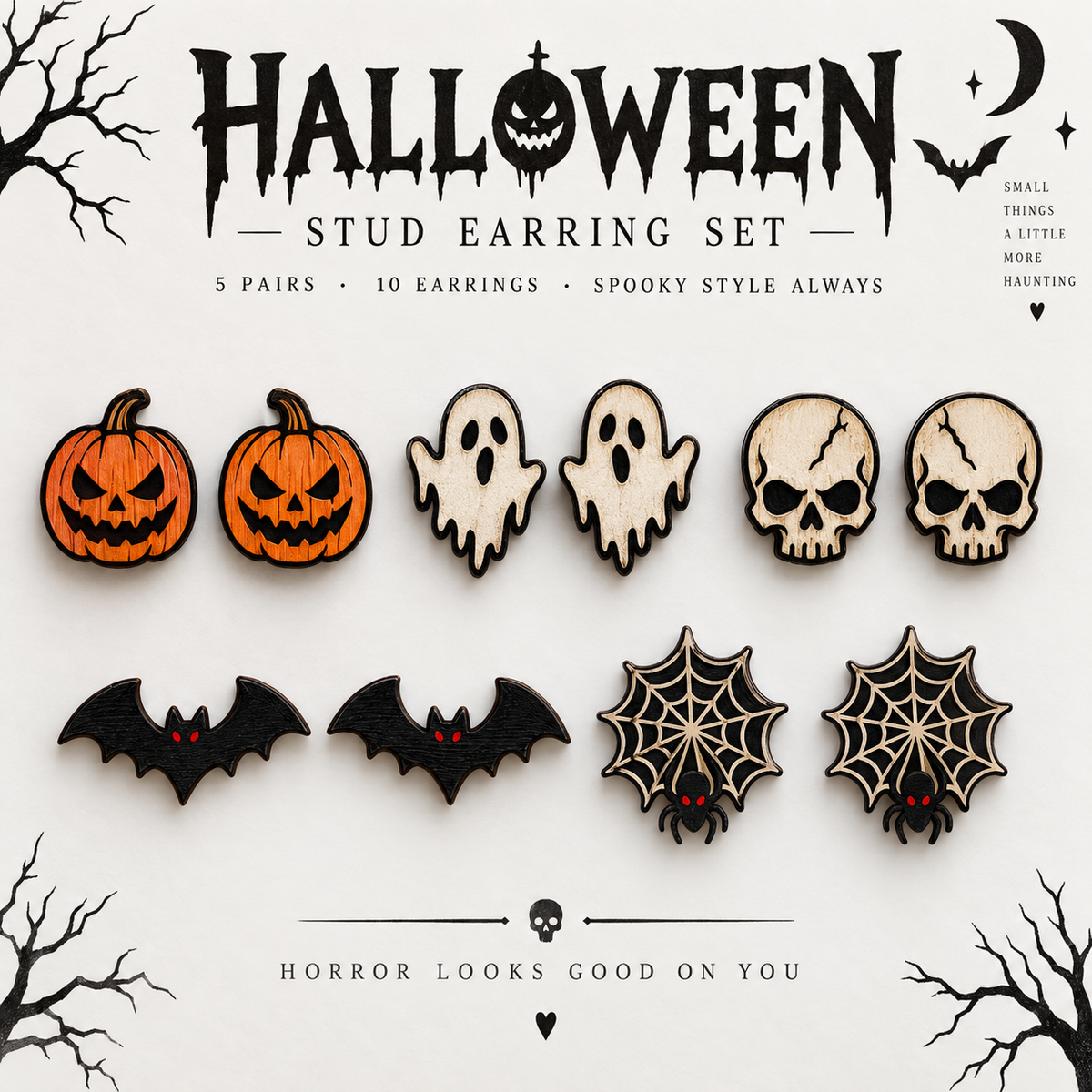 FREE Halloween Stud Earring SVG – 5 Pair Spooky Laser Cut Earring Set