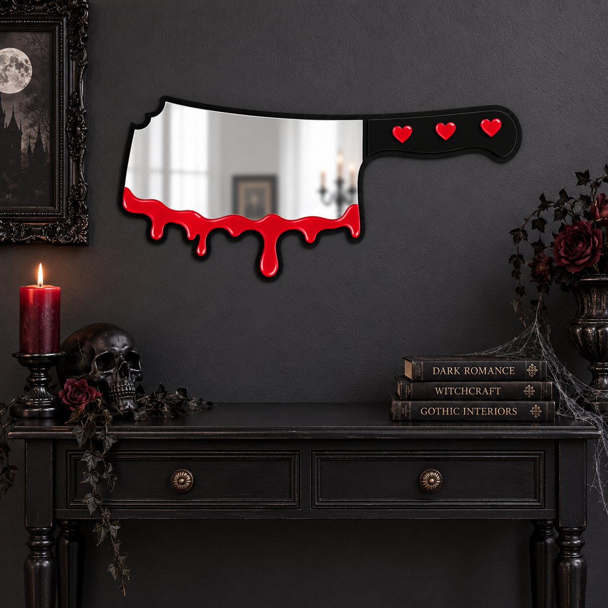 Bloody Cleaver Horror Mirror with Red Hearts – 19-In-Inch Wall Décor
