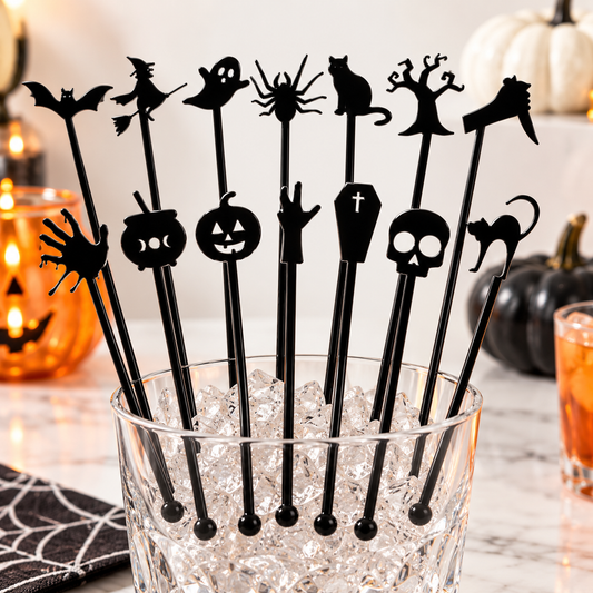Halloween Stir Swizzle Sticks SVG Files | Halloween Drink Stirrers | Glowforge Halloween Cut File | Digital File witch, bat, spider, skull
