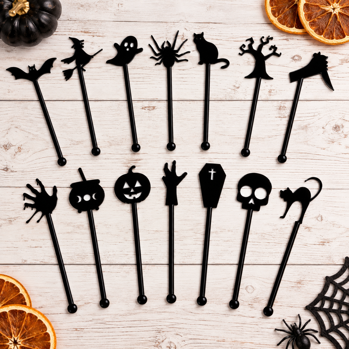 Halloween Stir Swizzle Sticks SVG Files | Halloween Drink Stirrers | Glowforge Halloween Cut File | Digital File witch, bat, spider, skull