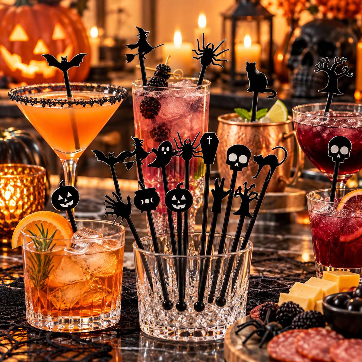 Halloween Stir Swizzle Sticks SVG Files | Halloween Drink Stirrers | Glowforge Halloween Cut File | Digital File witch, bat, spider, skull