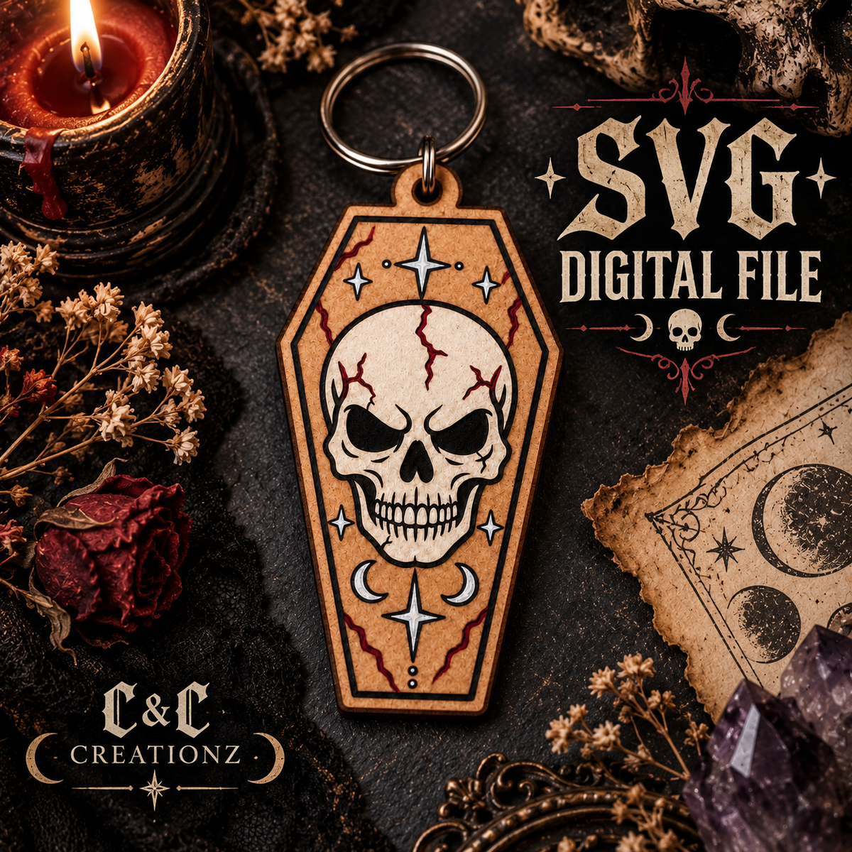 Gravebound Coffin Skull Keychain SVG – Free Laser Cut File