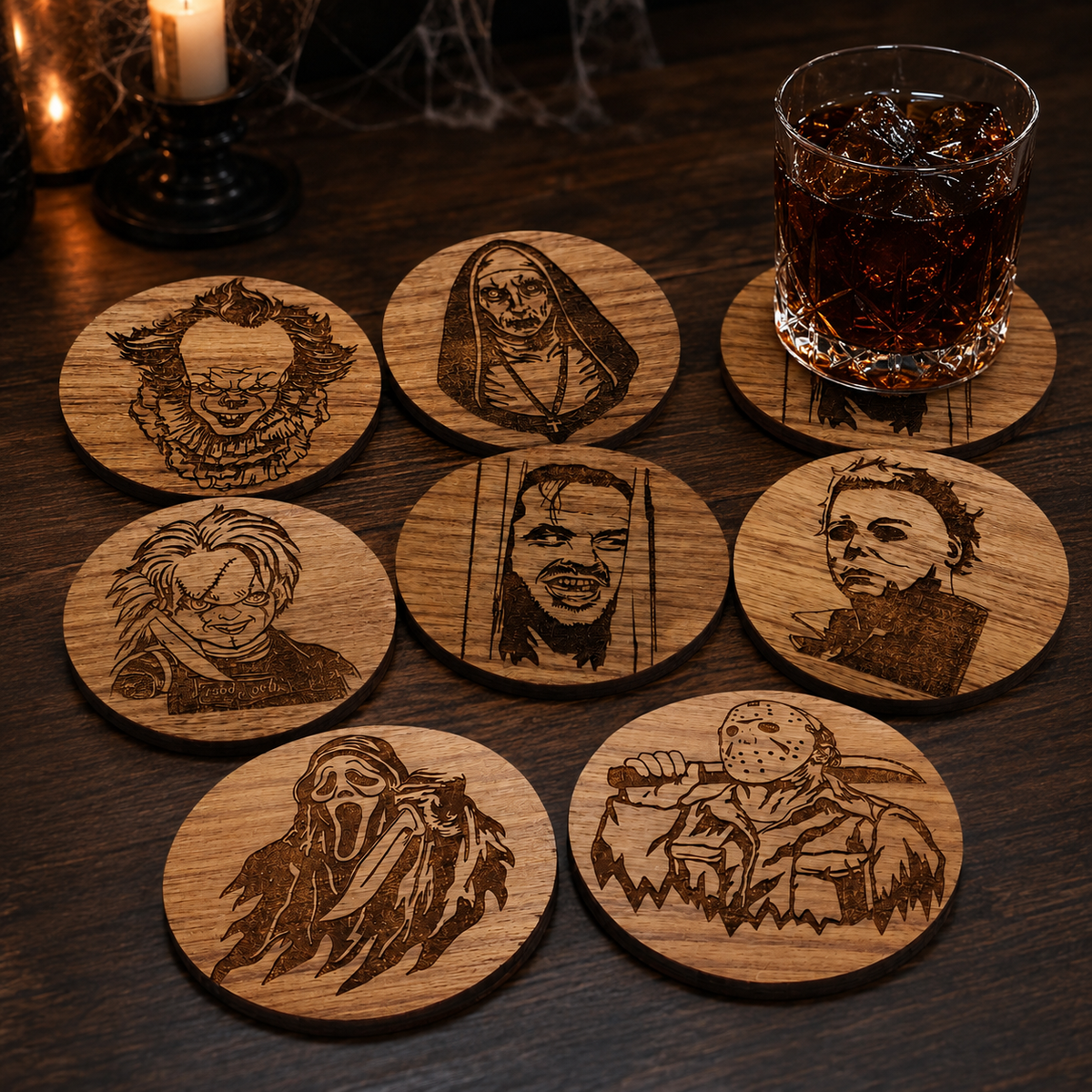 Engraved Wooden Horror Coaster Set