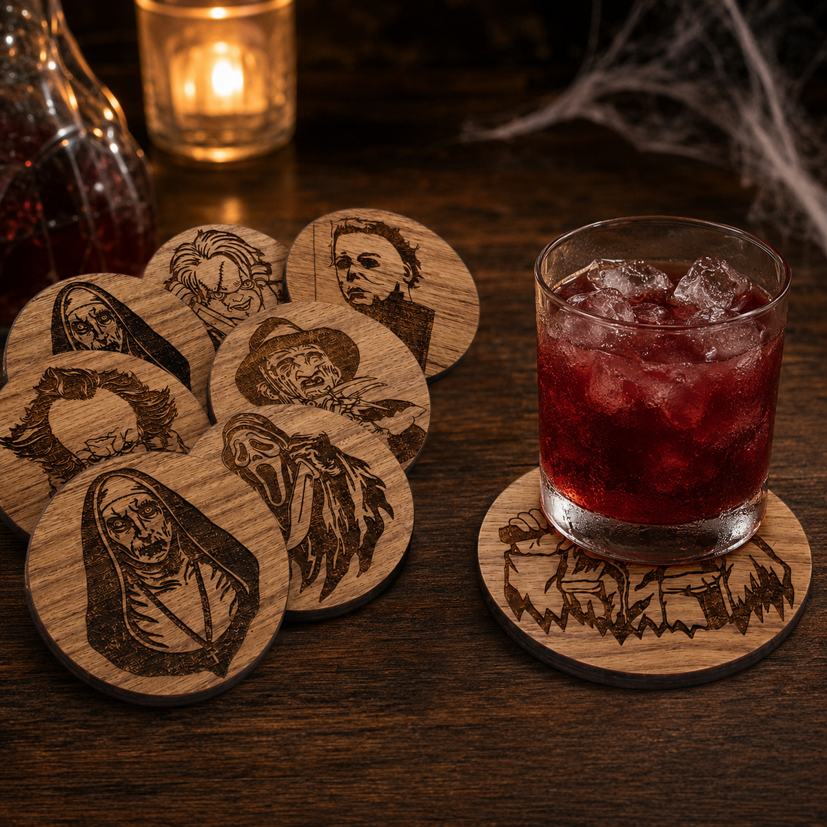Engraved Wooden Horror Coaster Set