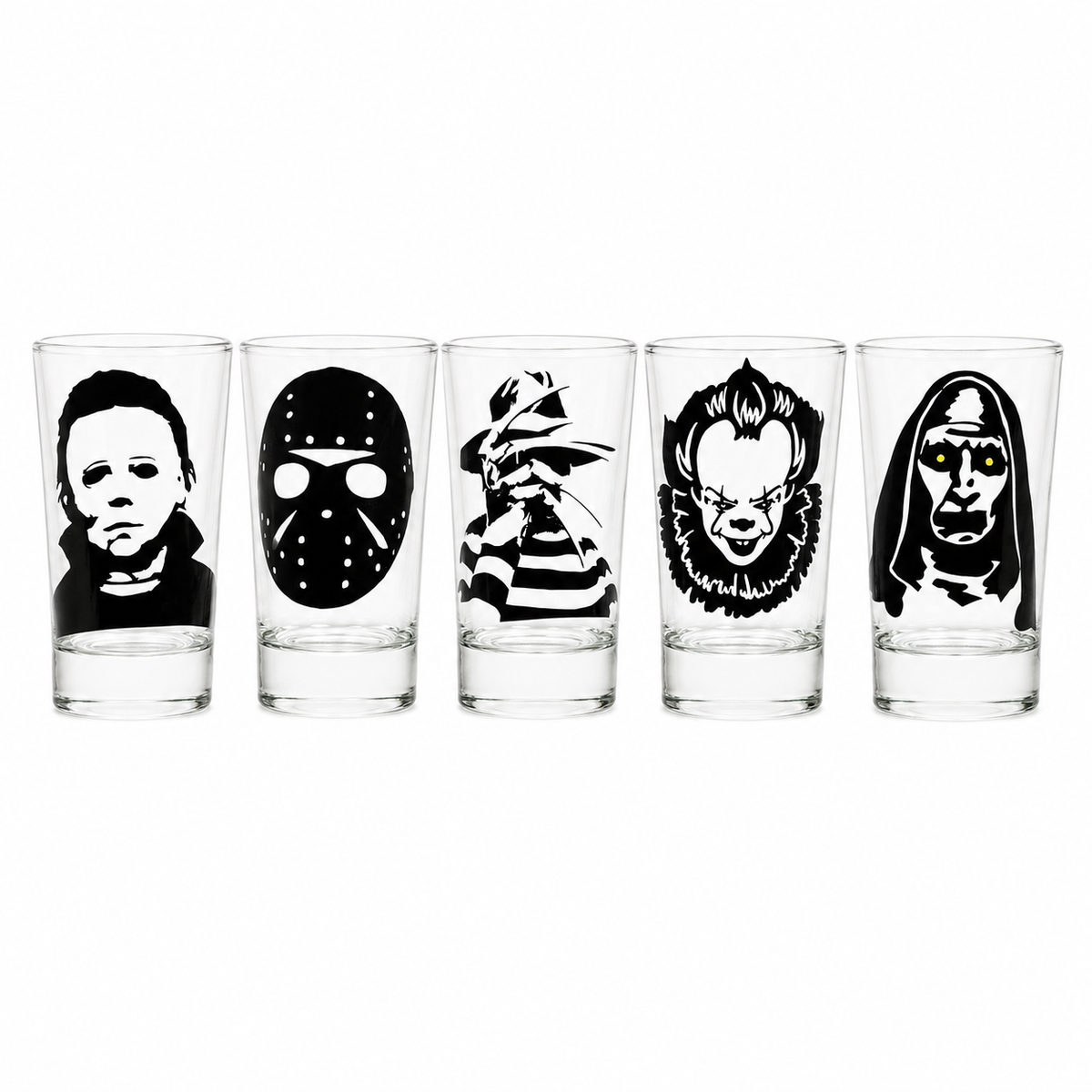 Horror Shot Glass Set of 5 – Freddy, Jason, Michael Myers, The Nun & Pennywise