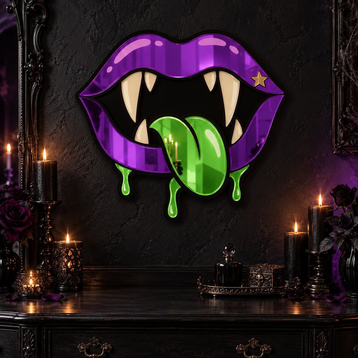 Purple Vampire Mouth Mirror – Green Tongue Horror Wall Décor
