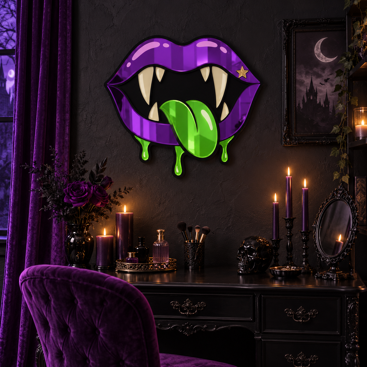 Purple Vampire Mouth Mirror – Green Tongue Horror Wall Décor