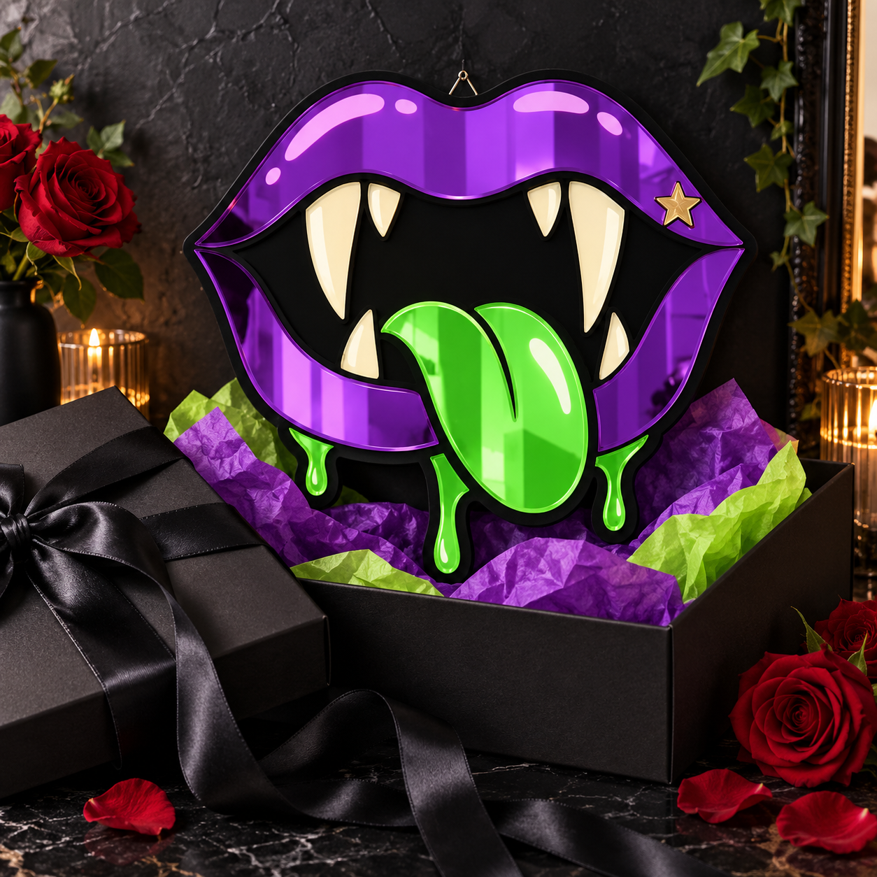 Purple Vampire Mouth Mirror – Green Tongue Horror Wall Décor