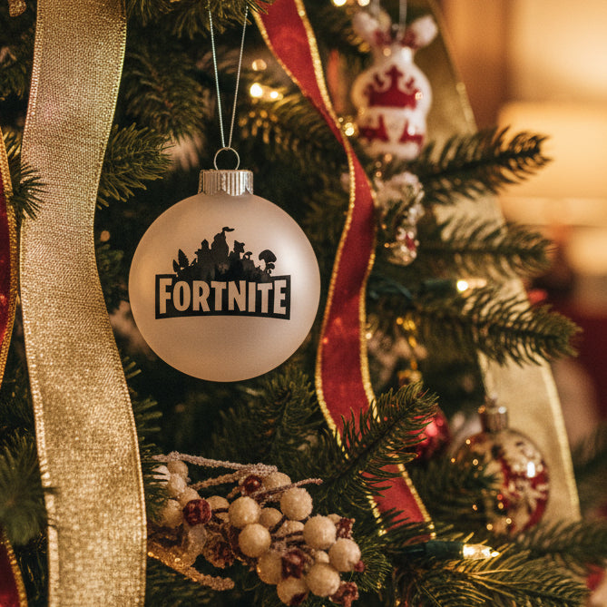 A white spherical Christmas ornament with a silver hanging loop and cap, featuring a black Fortnite logo and character silhouette printed on the front, shown against a light gray background.