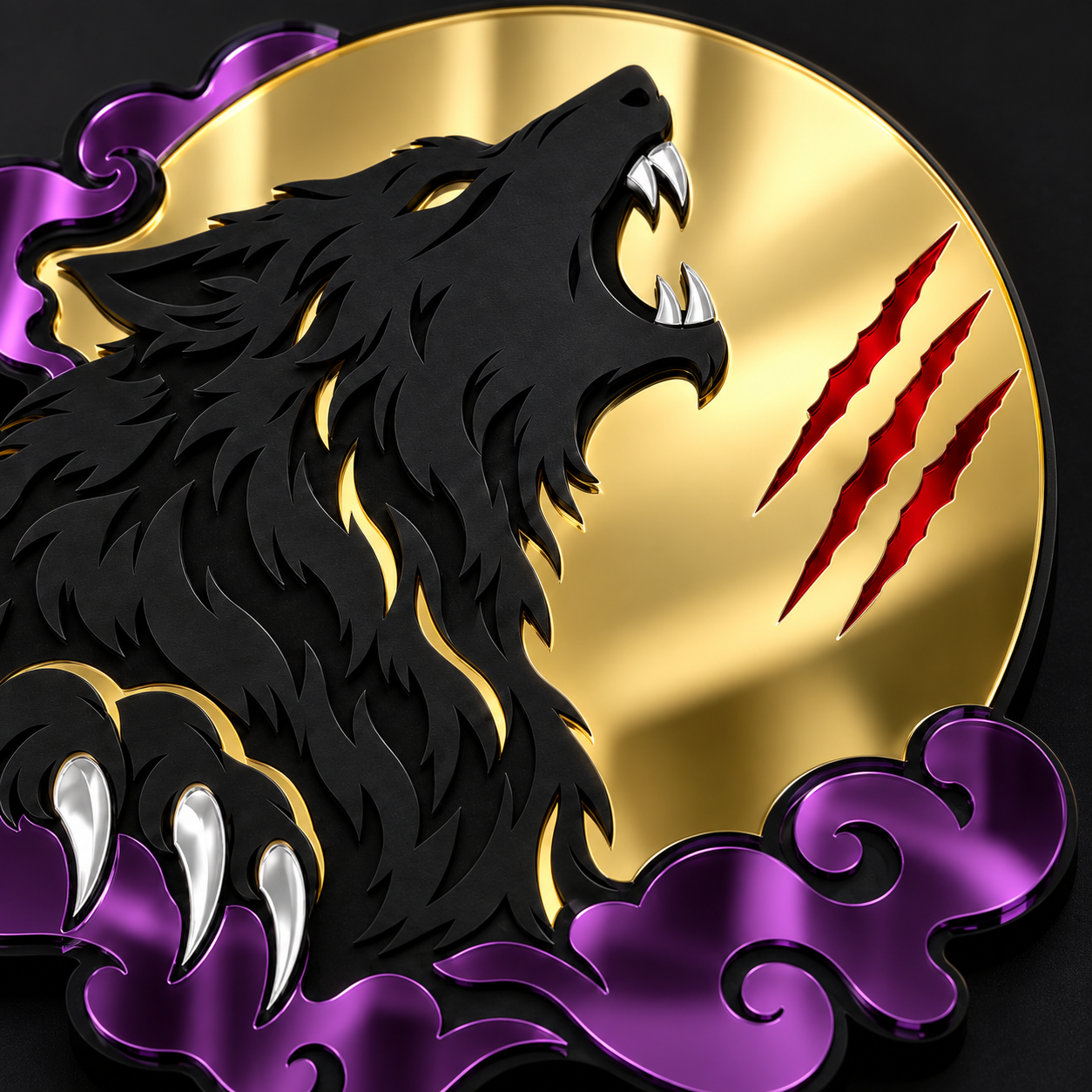 Close-up of black werewolf, silver claws and purple acrylic clouds