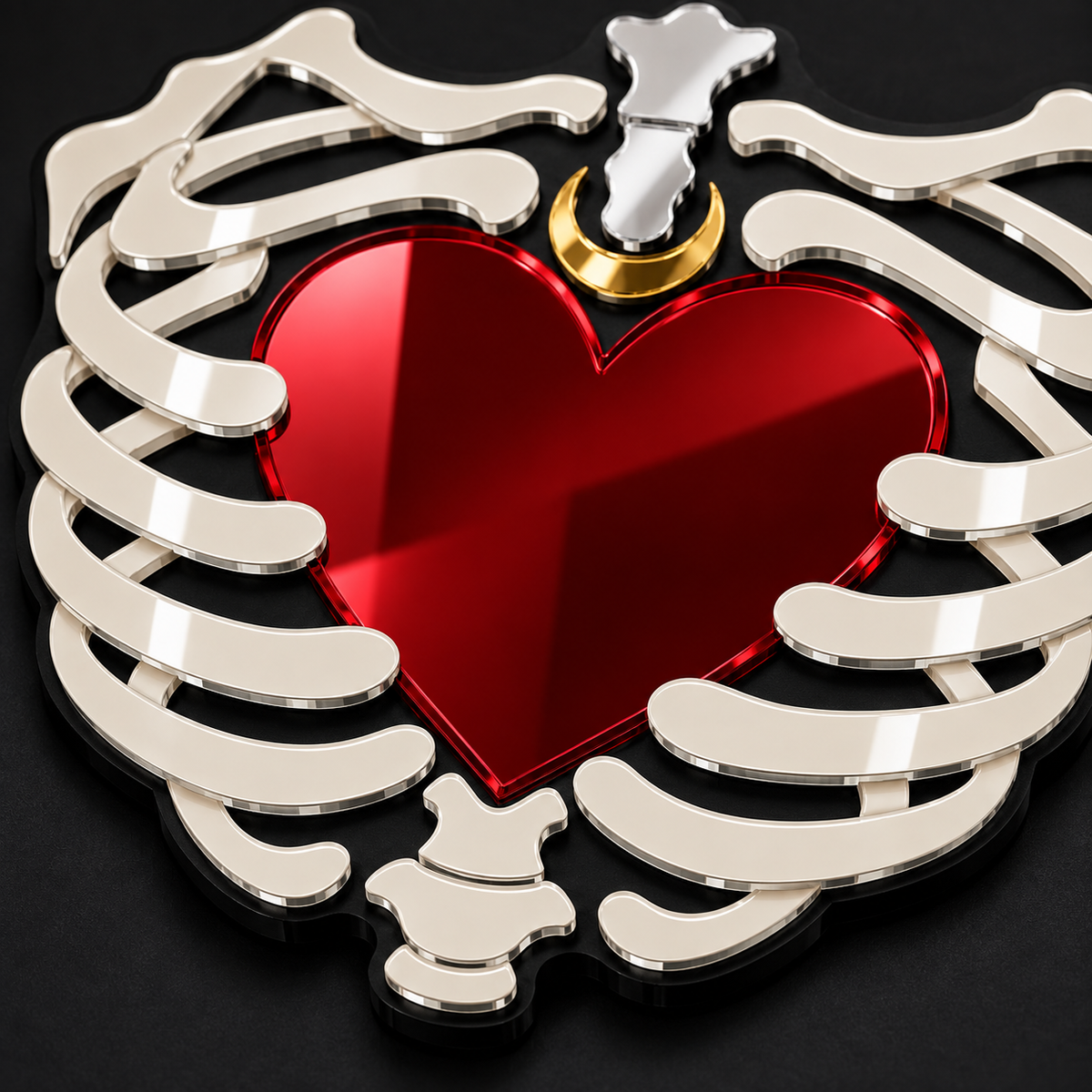 A 3D metallic chest emblem featuring a glossy red heart enclosed by a silver rib cage, with a gold crescent moon and silver bone detail at the top, set against a dark background.