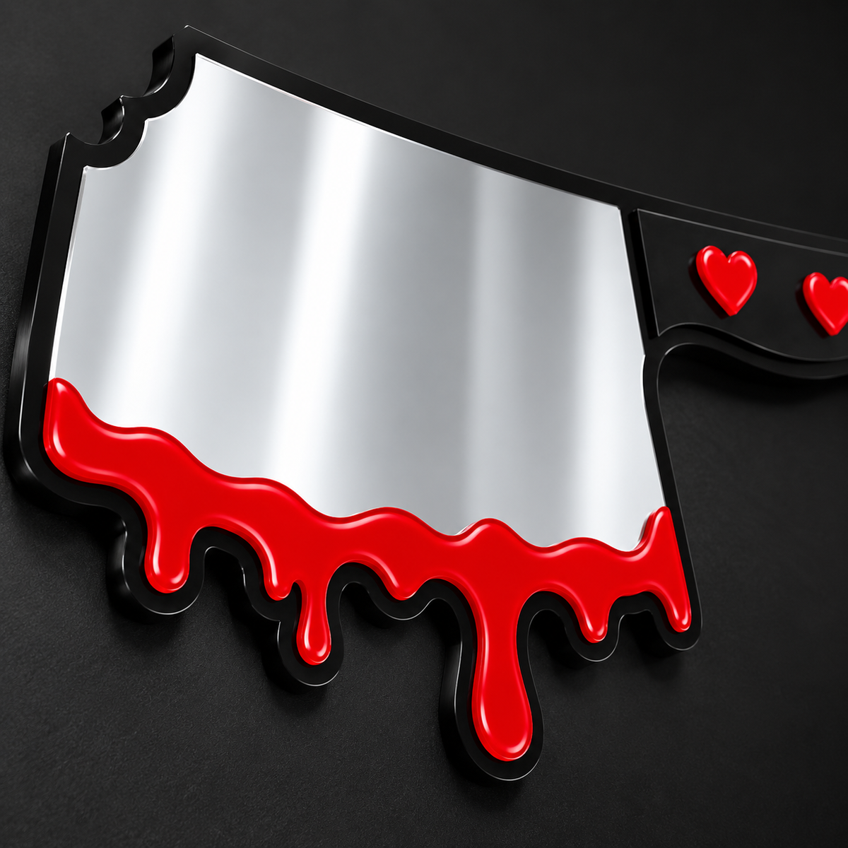 Close-up of silver mirrored cleaver blade and glossy red blood drips
