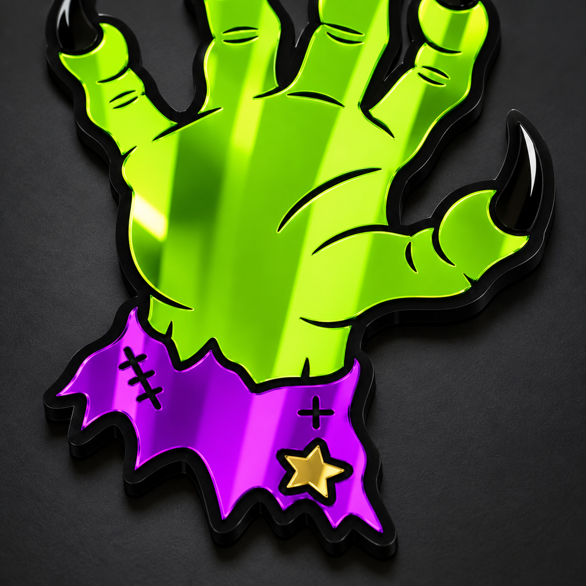 Close-up of neon-green mirrored hand and purple stitched cuff