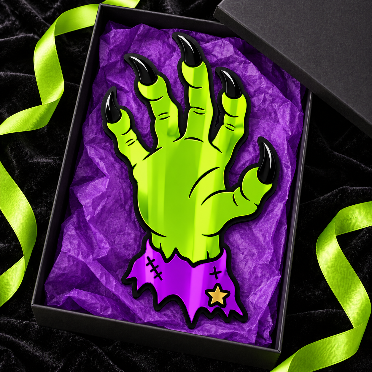 Handmade monster hand mirror presented inside a black gift box