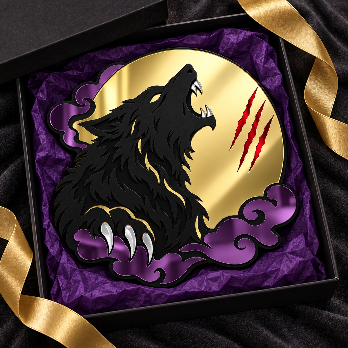 A black werewolf metal plaque with gold accents, set inside a black gift box with purple tissue paper and a gold ribbon. The werewolf is howling, with red claw marks and purple clouds on a gold circular background.
