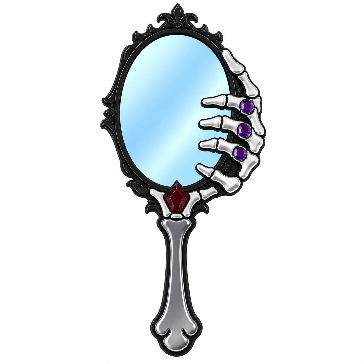 A gothic-style hand mirror with a skeleton hand holding it. The mirror has an ornate black frame, a silver handle, and the skeleton hand is decorated with purple gemstones.