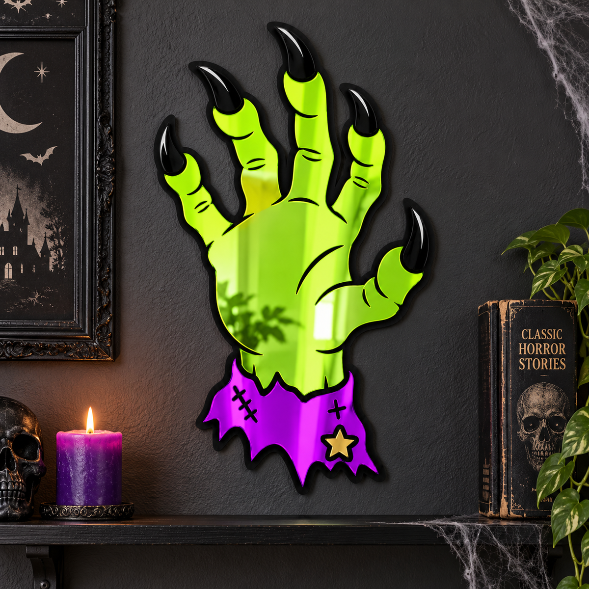 Eleven-and-a-half-inch monster hand mirror displayed on a gothic wall