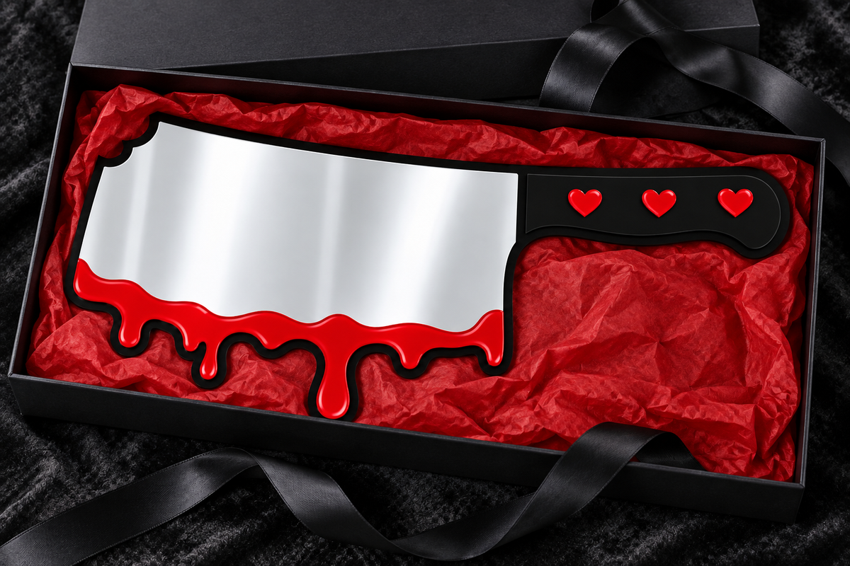 Handmade bloody cleaver mirror presented inside a black gift box