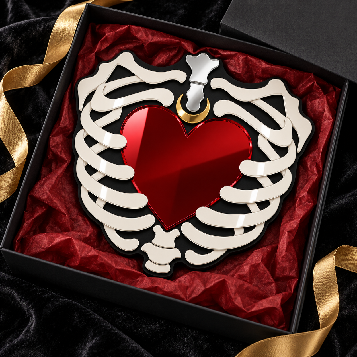 A heart-shaped mirror with a glossy red center and white rib cage outline, presented inside a black gift box with red tissue paper and a gold ribbon.