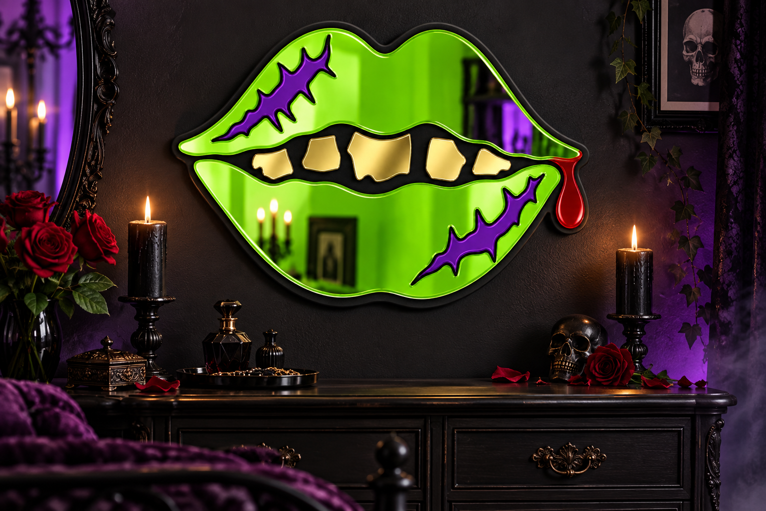 A gothic-style lip-shaped wall mirror with a neon green and purple design, mounted on a dark wall above a black wooden dresser with candles and skull decorations.