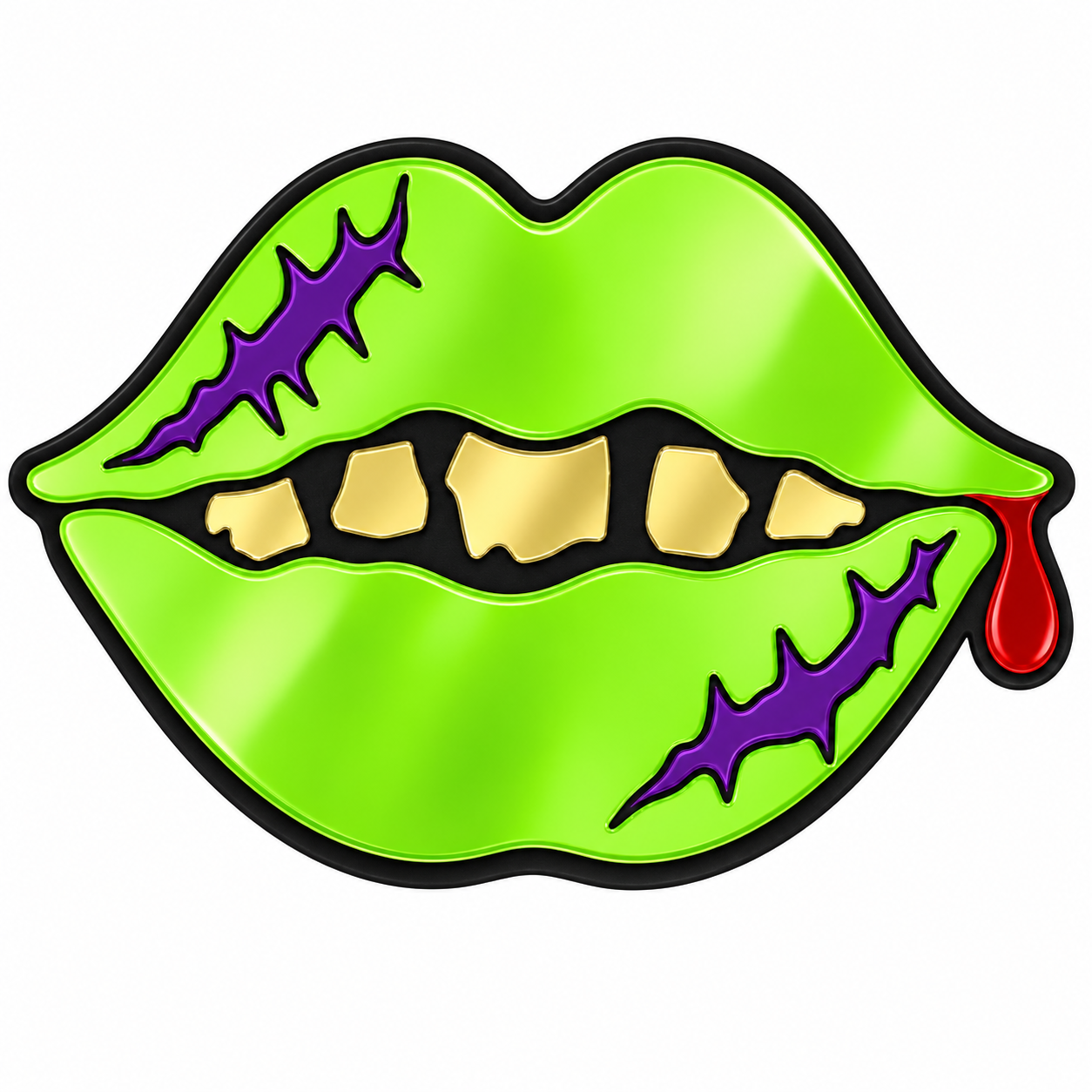 Neon-green monster mouth horror mirror with purple scars and gold teeth