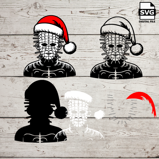 Hell Riser Pinhead Horror Christmas Theme wearing a Santa Hat