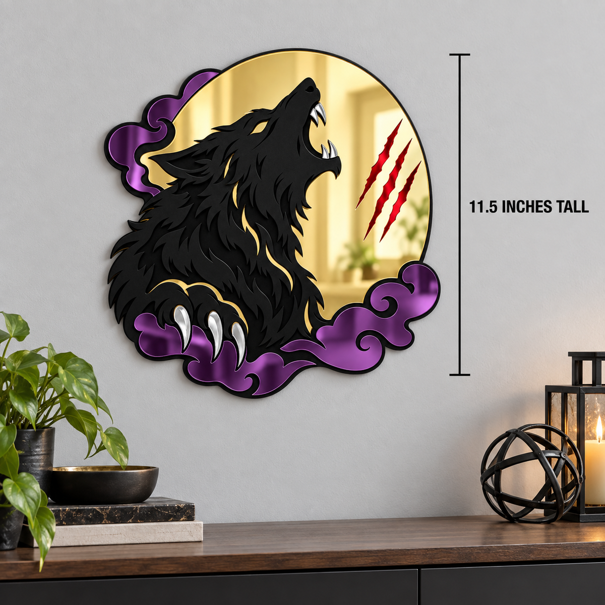Howling werewolf wall mirror measuring 11.5 inches tall