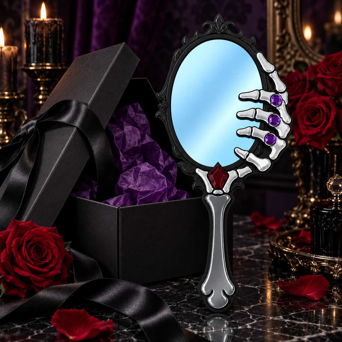 A gothic-style handheld mirror with a skeleton hand design and purple gem accents, displayed next to an open black gift box with purple tissue paper, red roses, and candles on a dark marble surface.