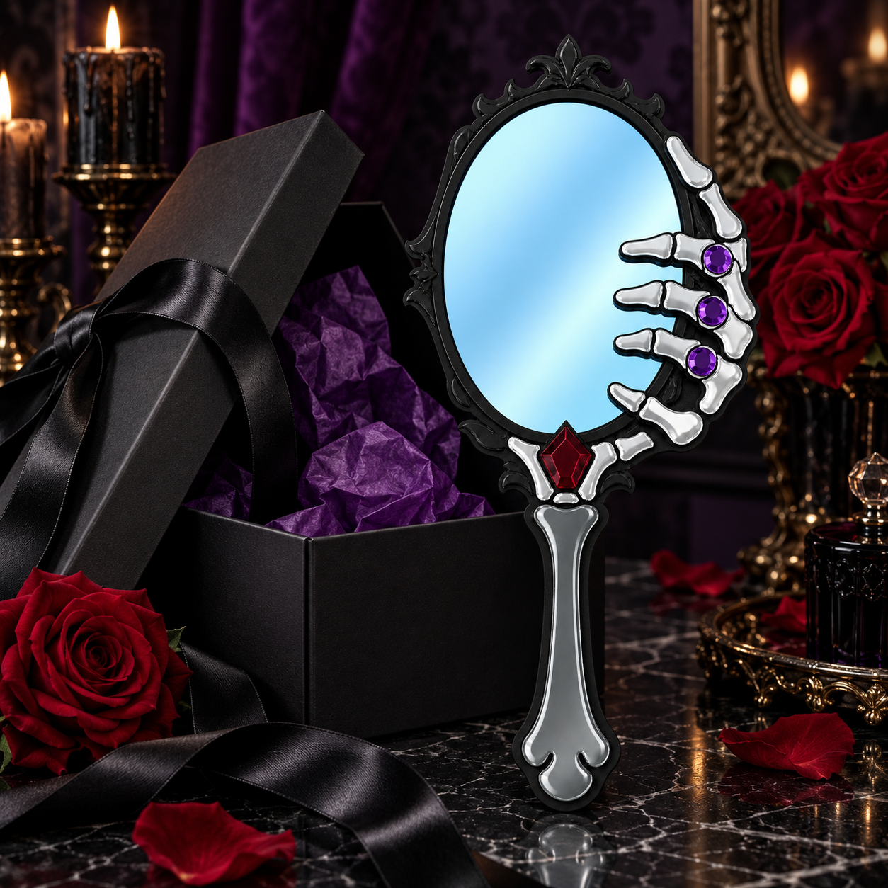 A gothic-style handheld mirror with a skeleton hand design and purple gem accents, displayed next to an open black gift box with purple tissue paper, red roses, and candles on a dark marble surface.