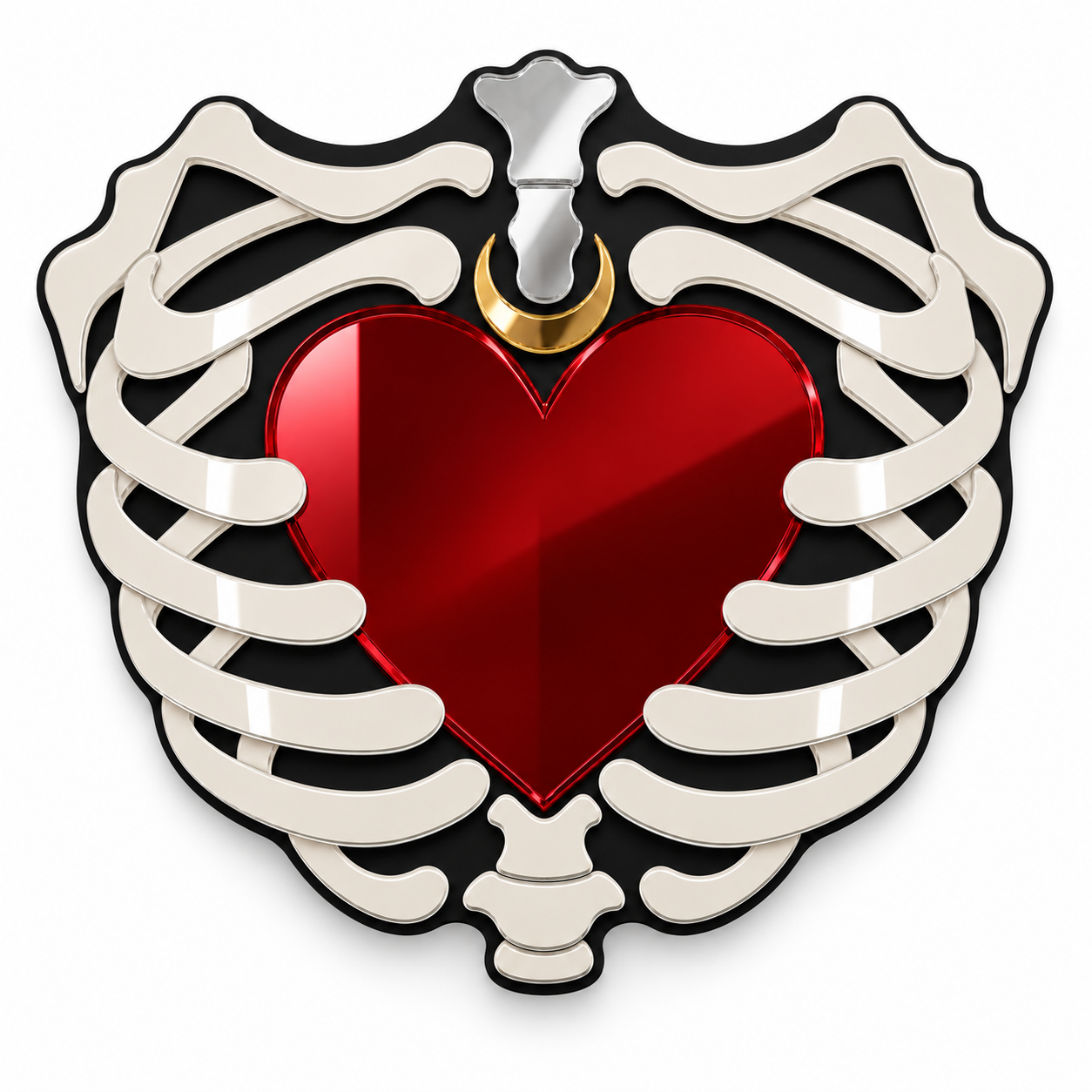 A heart-shaped graphic design featuring a glossy red heart centered within a white rib cage outline, with a small gold ring detail at the top, shown on a plain white background.