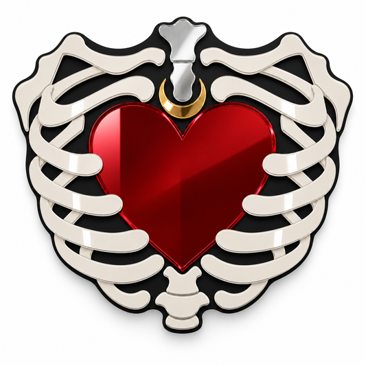 A heart-shaped graphic design featuring a glossy red heart centered within a white rib cage outline, with a small gold ring detail at the top, shown on a plain white background.