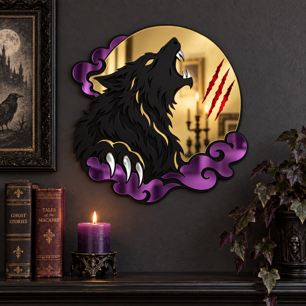 A decorative wall mirror shaped like a black howling wolf with purple clouds and red claw marks, displayed on a dark wall above a mantel with books, a candle, and a plant.
