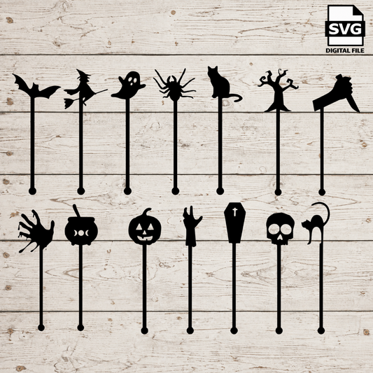 Halloween Stir Swizzle Sticks SVG Files | Halloween Drink Stirrers | Glowforge Halloween Cut File | Digital File witch, bat, spider, skull