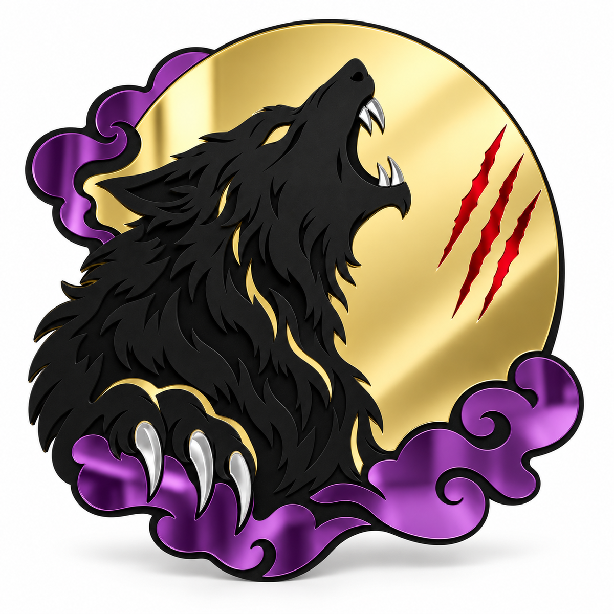 Howling werewolf horror mirror with gold moon and purple clouds