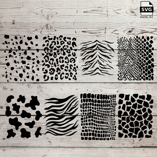 Eight animal print panels including leopard, zebra, snake and giraffe patterns. SVG digital download preview.