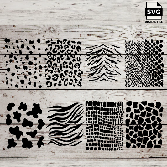Eight animal print panels including leopard, zebra, snake and giraffe patterns. SVG digital download preview.