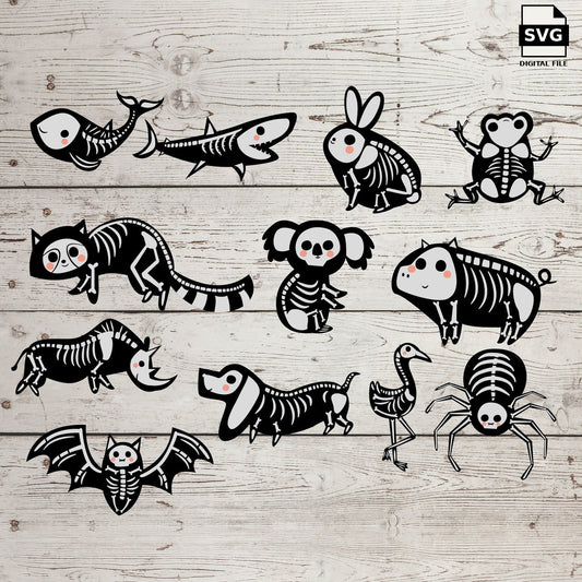 Animal skeleton designs arranged in a bundle. SVG digital download preview.