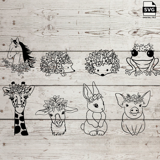 Animals with flower crowns. SVG digital download preview.