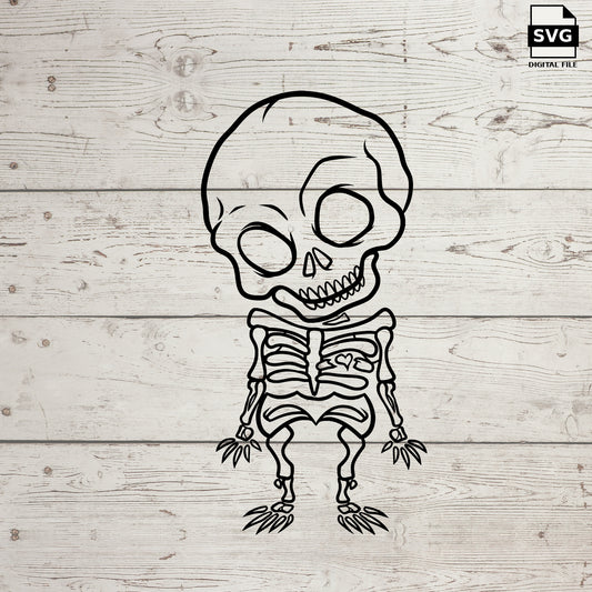 Baby skeleton SVG with an oversized skull and small skeleton body on whitewashed wood, labeled SVG digital file.