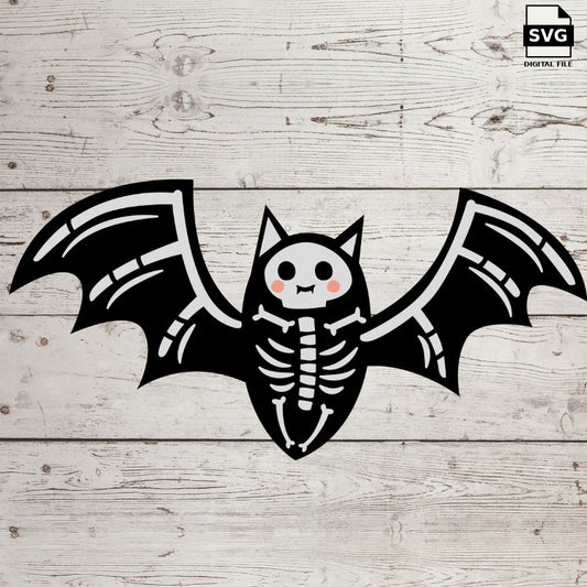 Flying bat skeleton with spread wings. SVG digital download preview.