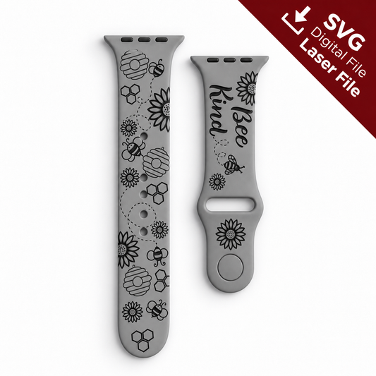 Bee Kind watch band SVG laser engraving file shown as a finished engraved gray silicone watch band mockup