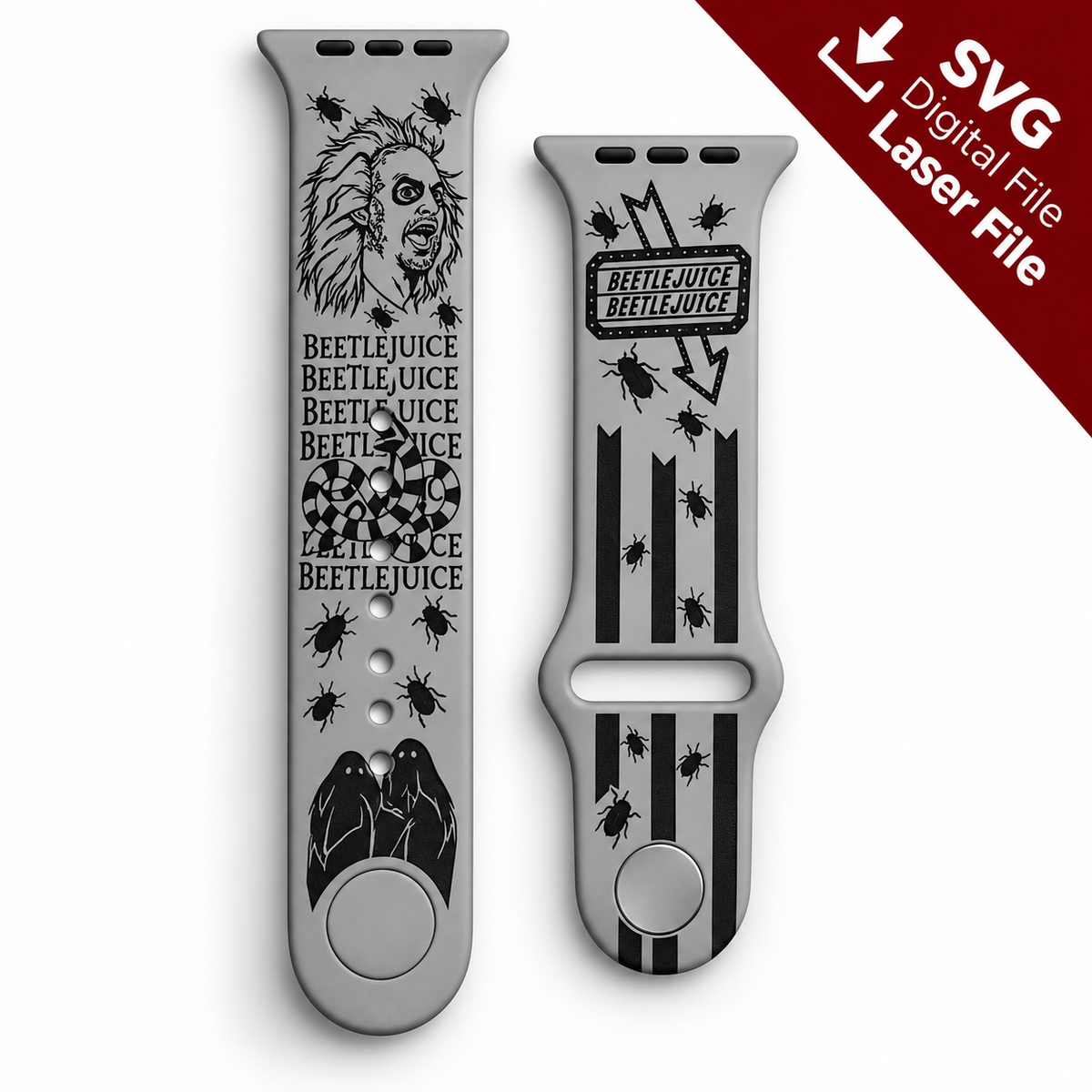 Beetlejuice watch band SVG laser engraving file shown as a finished engraved gray silicone watch band mockup