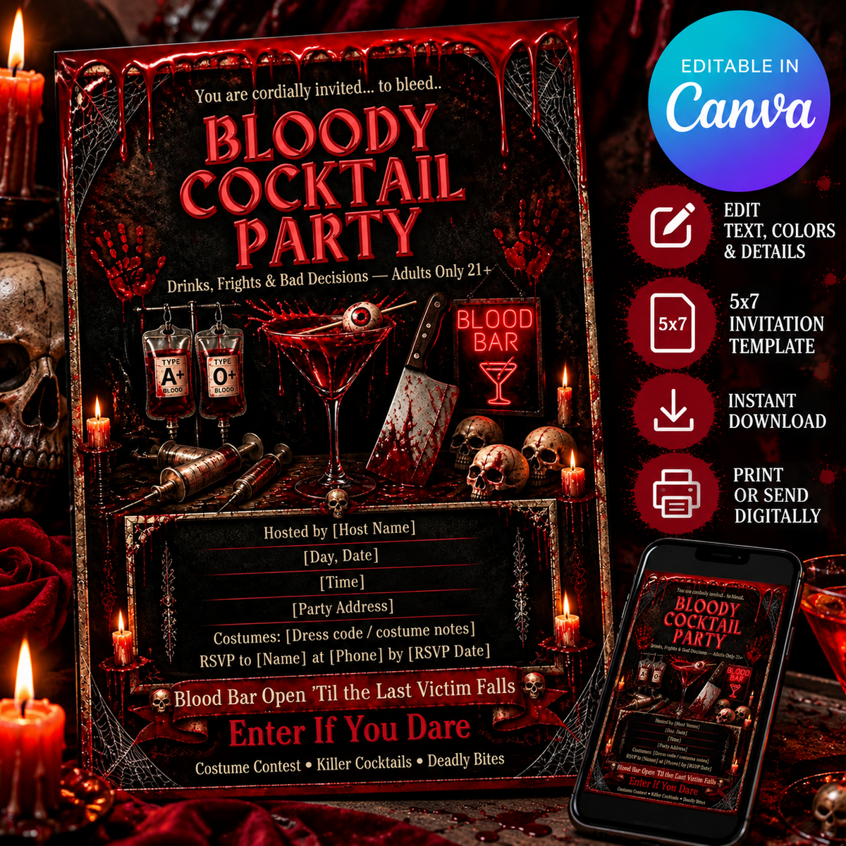 Bloody Cocktail Party editable Canva 5x7 Halloween invitation template with instant download and digital or print options