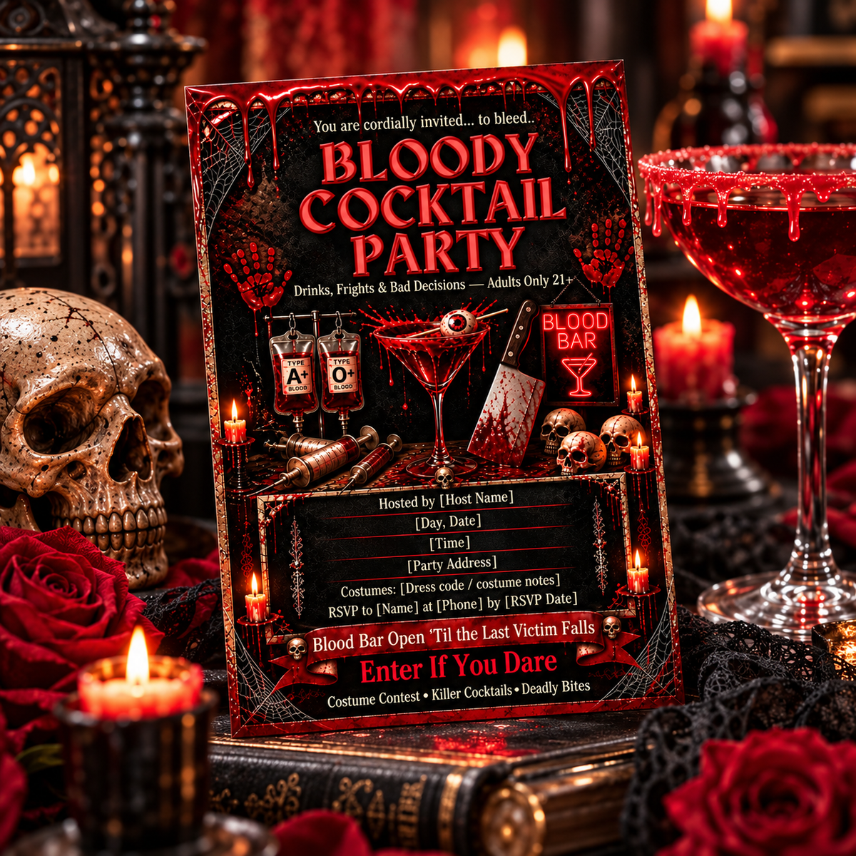 Bloody Cocktail Party editable Canva invitation lifestyle mockup with candles, skulls, roses and red cocktail