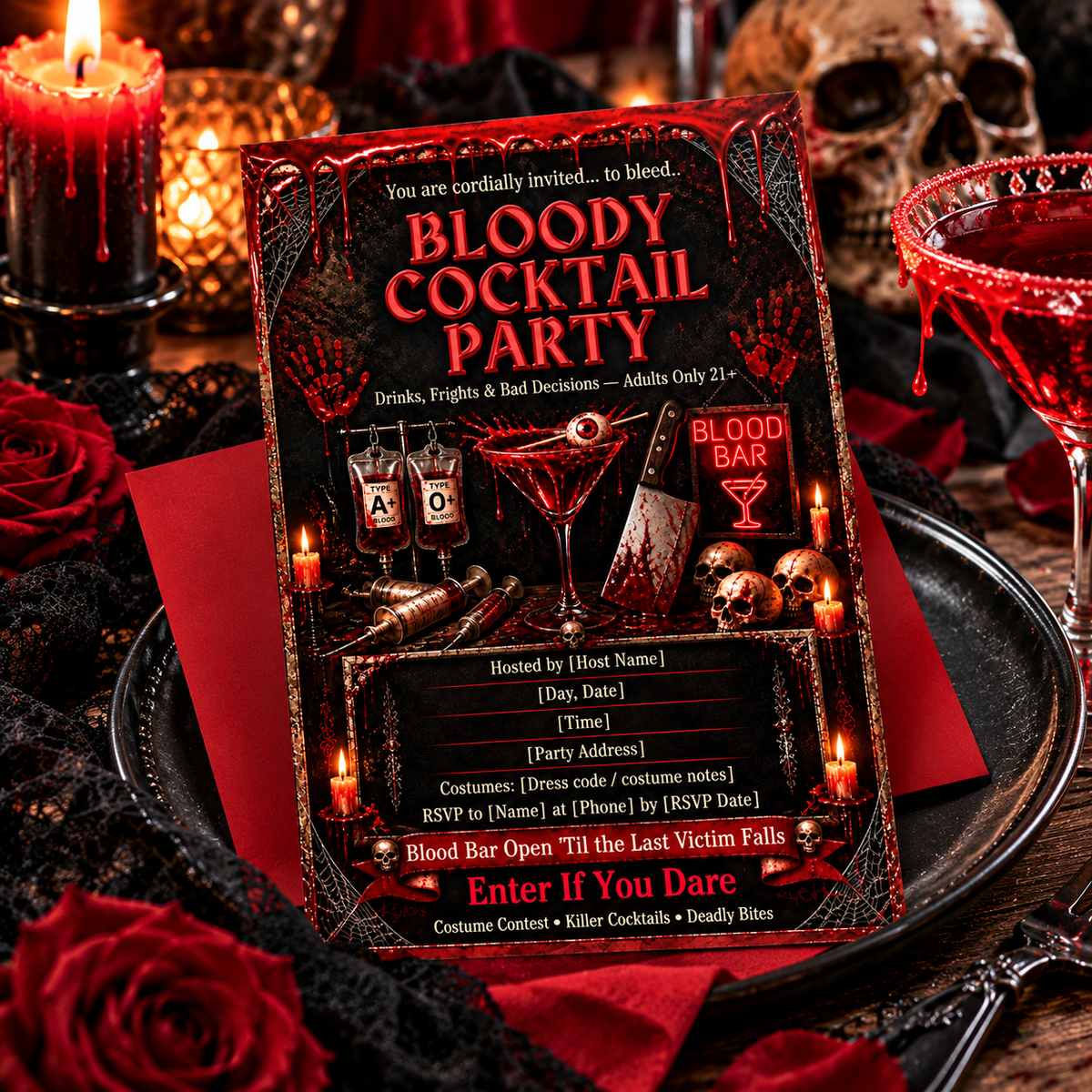 Bloody Cocktail Party 5x7 editable Canva invitation flat lay with gothic Halloween decor