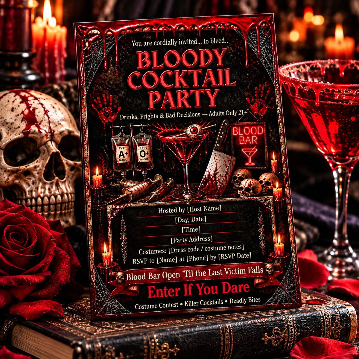 Bloody Cocktail Party editable invitation displayed with gothic books, candles, skulls, roses and red cocktail